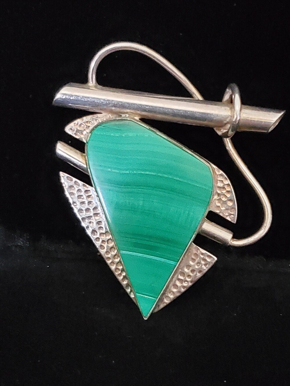 Sterling Malachite Brooch Pendant Mod Artistic Free-form Handmade